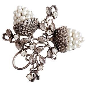 Vintage Mid Century Brooch Pendant Acorn Leaf Faux Pearl Rhinestone Silver Tone